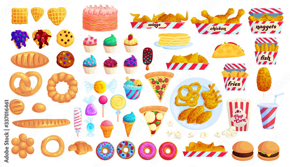 Fried and sweet junk food flat vector illustration set Fried and sweet junk food flat vector illustration set