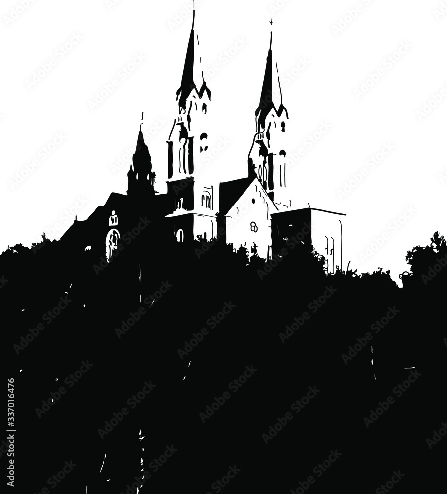 Church with steeples, high above on a hilltop. Black and white illustration.