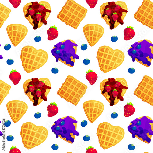 Traditional belgian waffles with berries seamless pattern