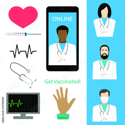 medical doctor online set with syringe, heartbeat, heart, monitor, phone. GEt vaccinated