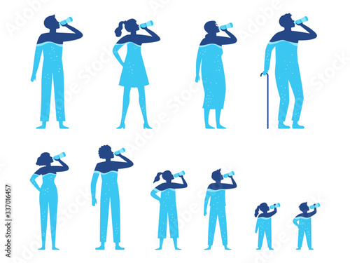 Water balance. People drink water from the bottle, drinking water for kids and healthy human body hydration vector illustration set. Healthy level water, liquid bottle beverage, hydration individual