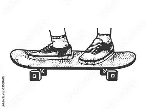 square wheel skateboard sketch engraving vector illustration. T-shirt apparel print design. Scratch board imitation. Black and white hand drawn image.