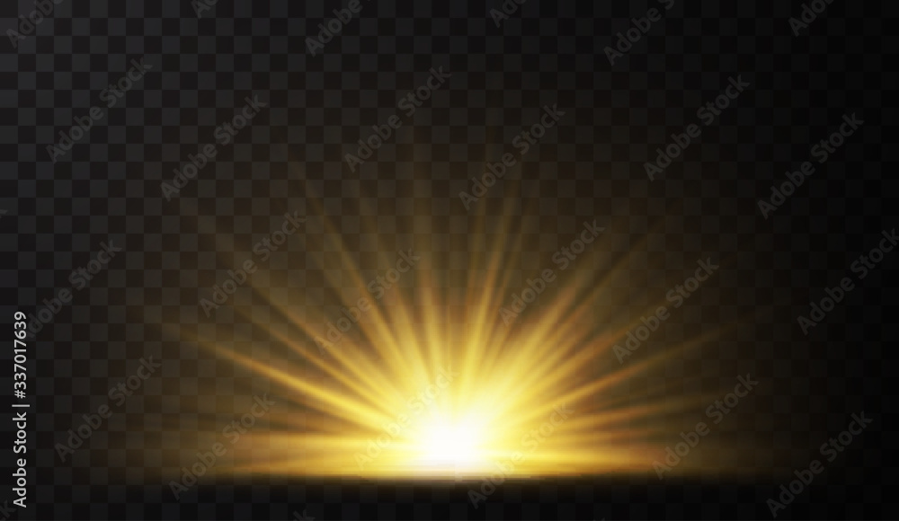 Sunrise. Glow light effect. Starburst with sparkles on dark transparent background. Vector illustration