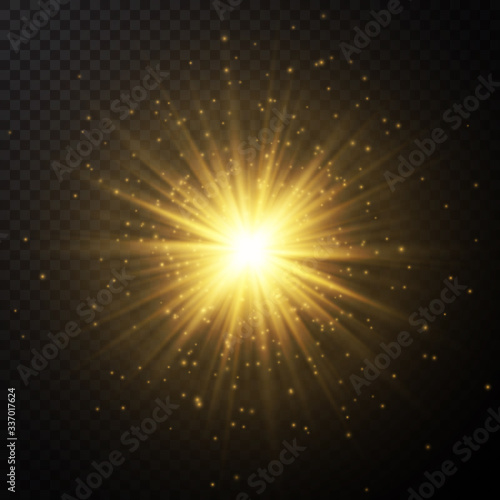 Glow light effect. Starburst with sparkles on dark transparent background. Vector illustration