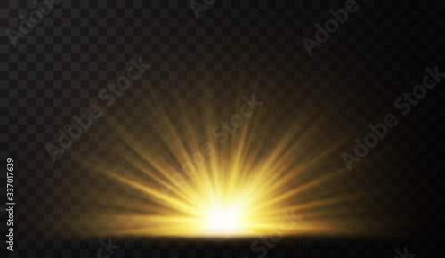 Sunrise. Glow light effect. Starburst with sparkles on dark transparent background. Vector illustration