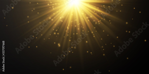 Glow light effect. Starburst with sparkles on dark transparent background. Vector illustration