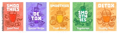 Detox smoothie poster. Good food smoothies, juices for healthy lifestyle and colorful fresh juices vector illustration set. Healthy fresh smoothie, glass detox, vegan beverage