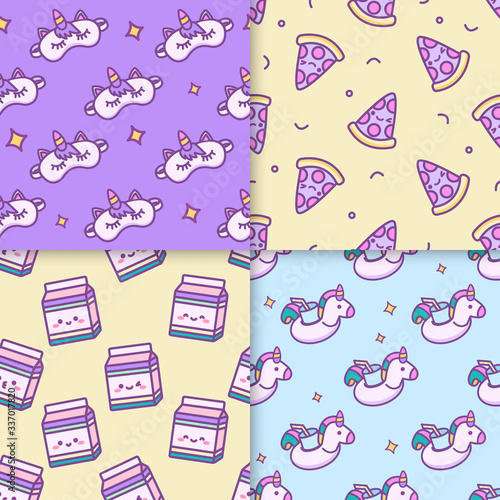 Cute kawaii set seamless patterns in pastel colors. Vector illustration in doodle cartoon style with faces. Sleep mask with unicorn horn,slice of pizza, a carton of milk, unicorn drink holder for pool