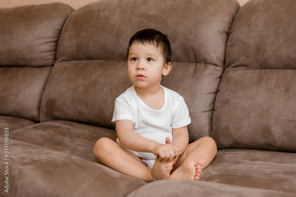 Toddler Boy Brunette Plays At Home on the Couch Toddler Boy Brunette Plays At Home on the Couch