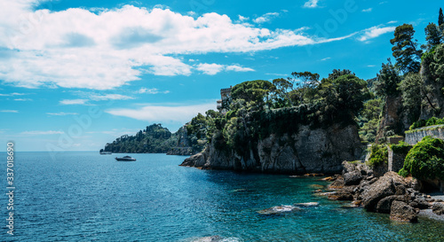 Ligurian sea shore near Portofino. Sunny summer day, Liguria, Italy. Spectacular summer landscape. Colorful seascape of Adriatic sea. Traveling concept background.