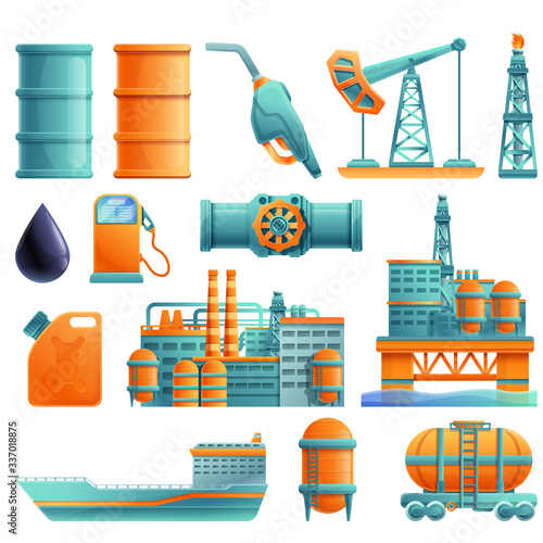 set of cartoon icons on the theme of oil production and refining, vector illustration