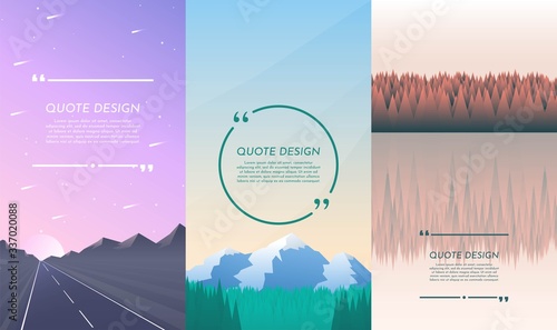 Vector illustration. Nature concept. Design for flyers, posters, social media stories with quote box. Flat landscape. Highway roan in perspective, forest and mountain, trees reflection in water