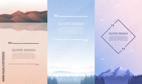 Vector illustration. Nature concept. Design for flyers, posters, social media stories with quote box. Flat landscape. Hills with reflection in water, winter forest and mountain, evening scene