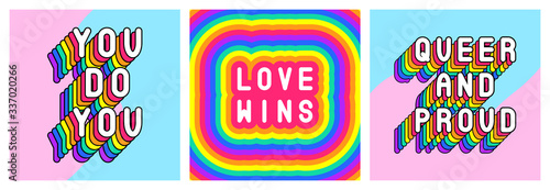 Set of 3 LGBT pride month posters “You Do You“, "Love wins", "Queer and Proud", etc. Motivational designs. Rainbow colored text slogan posters. Vector illustrations.