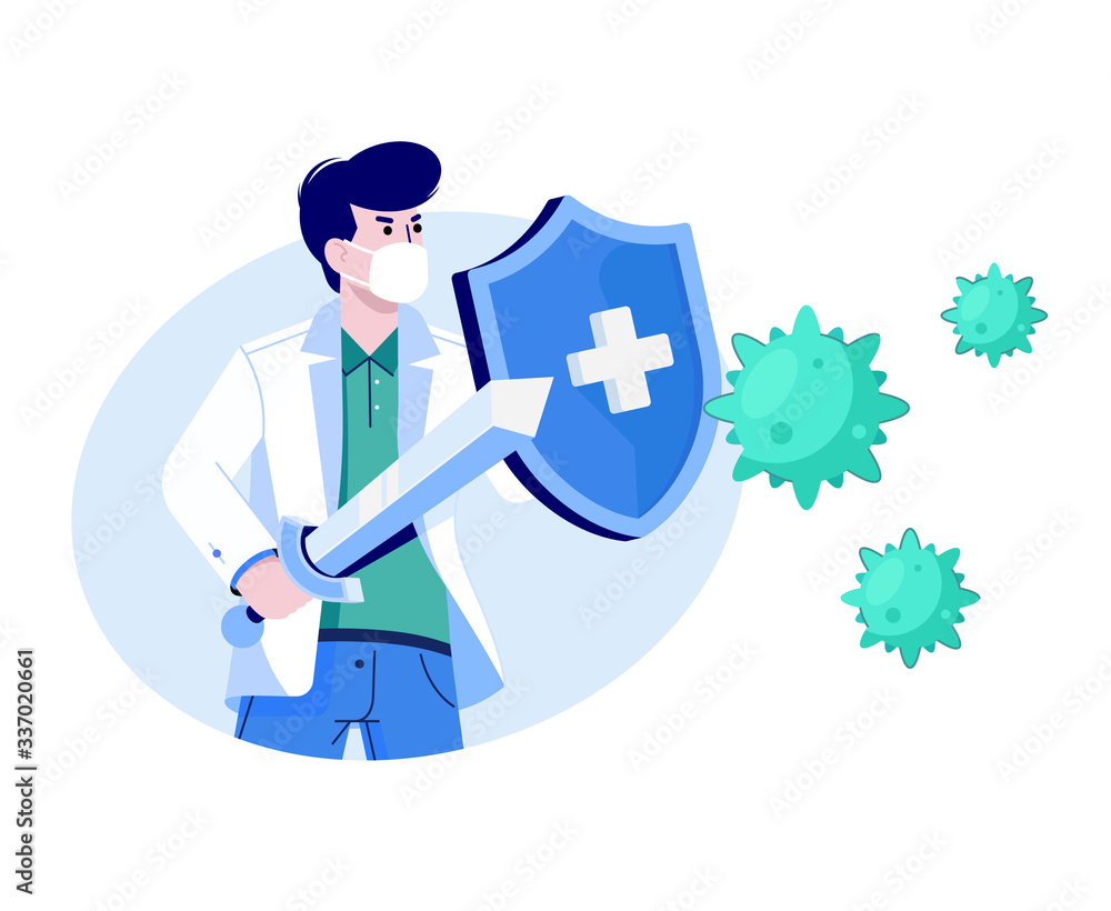 Doctor fighting with the virus.  Vector illustration. Covid - 19 Atack.
