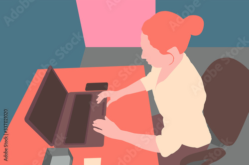 A girl working on a laptop. Workplace. Vector colorful illustration.