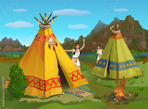 Indian girls near the wigwam in the mountains of America on a summer evening