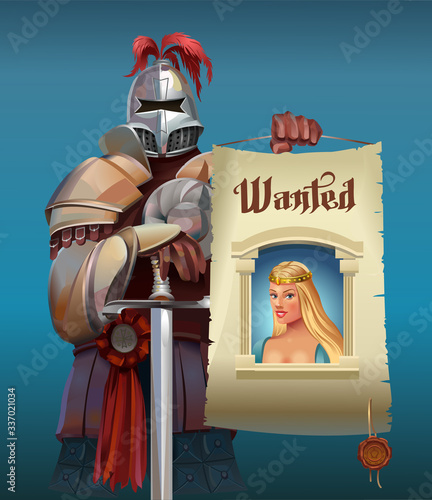 Medieval knight with a poster in his hand in search of his princess. Vector illustration
