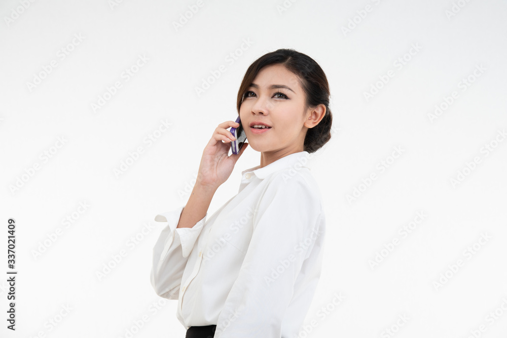 Portrait of young happy asian businesswoman using digital tablet and trump up isolated over white background in work place. Portrait of young happy asian businesswoman using digital tablet and trump up isolated over white background in work place.