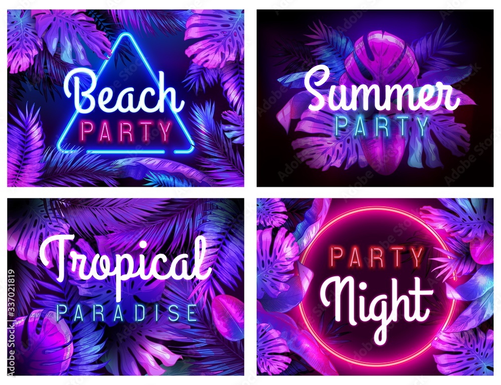 Neon beach party poster. Tropical paradise, summer partying night and bright neon color leaves vector illustration set. Tropical party beach, neon frame placard