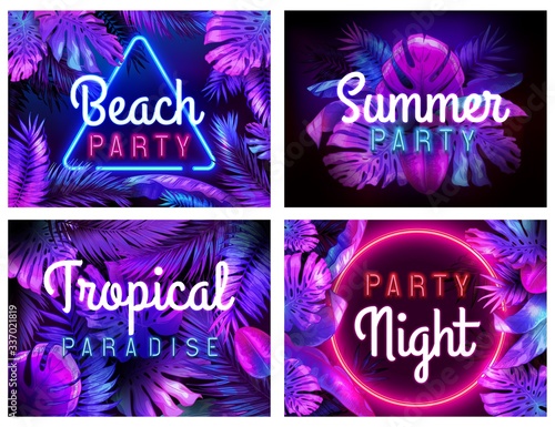 Neon beach party poster. Tropical paradise, summer partying night and bright neon color leaves vector illustration set. Tropical party beach, neon frame placard