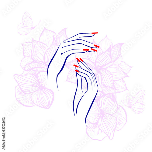 Beautiful woman hands, art red manicure nails. Spa salon. Beauty Logo. Vector illustration, abstract flowers and butterfly background.