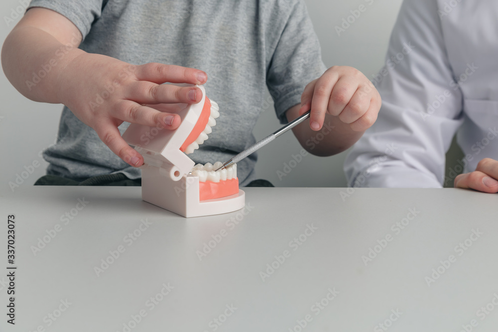 Dentist with child in the cabinet sitting at the desk with fake jaw and medical tools Dentist with child in the cabinet sitting at the desk with fake jaw and medical tools