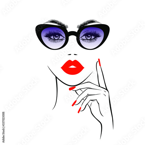 Fashion woman in stylish sunglasses,  hand wit red nails, red lips, print pattern for t-shirt, abstract wallpaper background. Beauty logo. Vector illustration. 