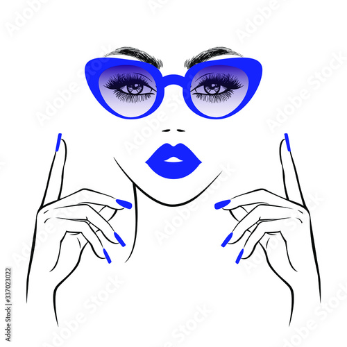 Fashion woman in stylish sunglasses,  hand wit blue nails, blue lips, print pattern for t-shirt, abstract wallpaper background. Beauty logo. Vector illustration. 