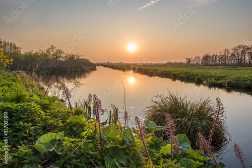 Sunset over dutch landscape near Gouda  Holland. Sun is reflected in the water.