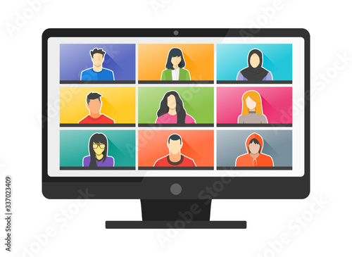 9 Panels Young Man & Woman Online Virtual Remote Meetings, PC Video Web Conference Teleconference. Millennial Teenager College University School Student Team Stay Study Learn From Home WFH Live Stream