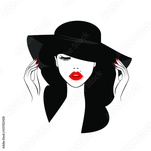 Beautiful woman in black summer hat, black hairs, closed eyes, red lipstick, red nails manicure. Beauty logo. Art nails. Vector fashion illustration.