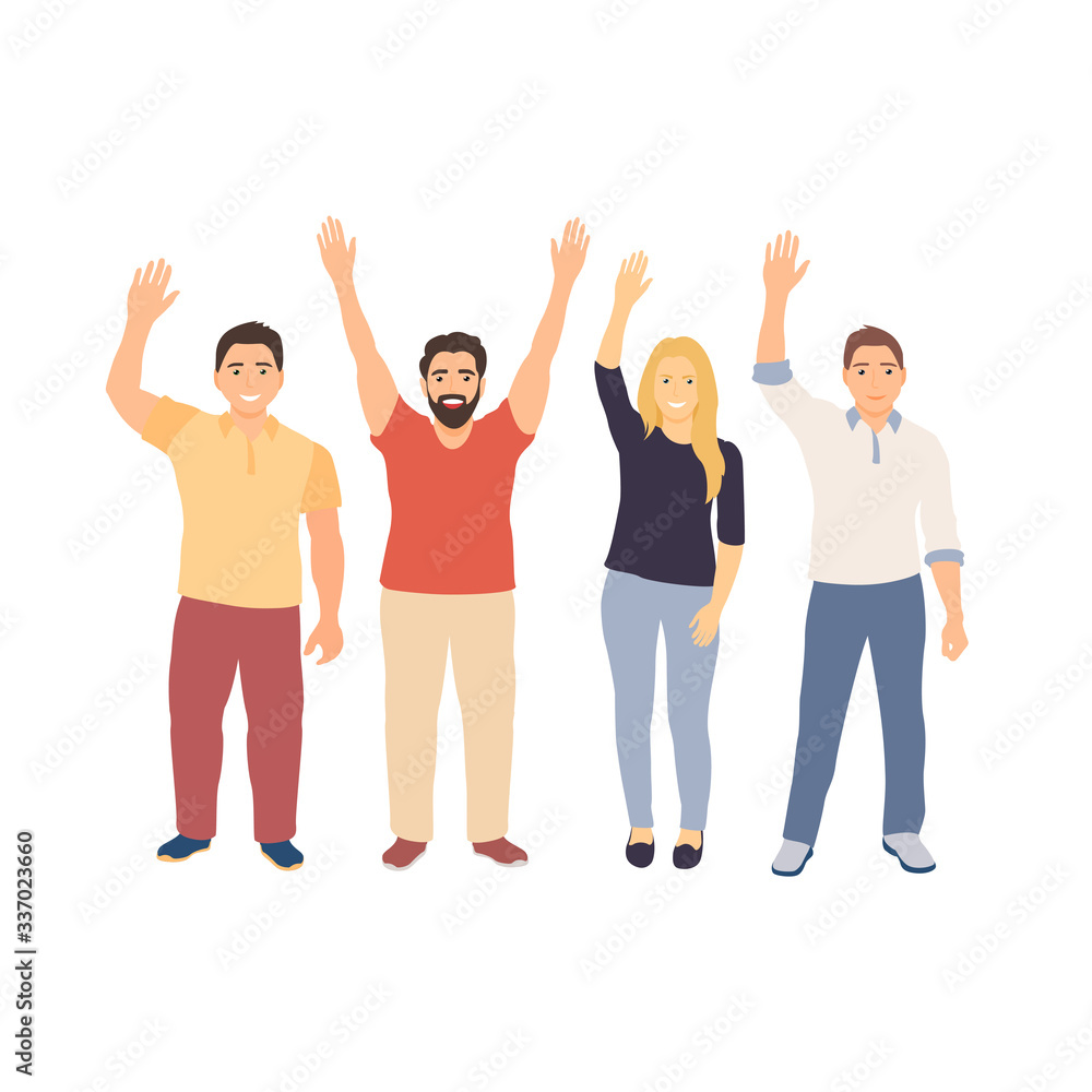 group of men and woman with their hands up voting. Volunteering. Hand drawn vector illustration