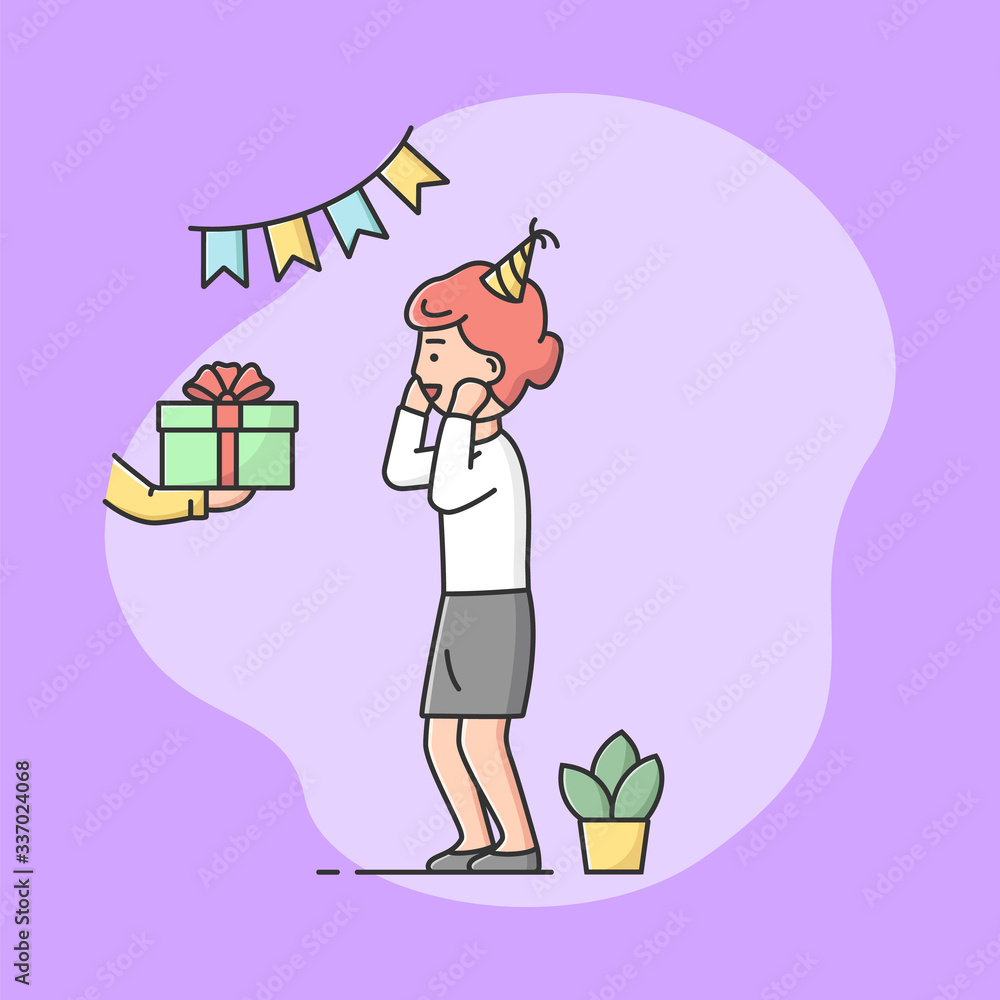 Childhood Birthday Party Celebration Concept. Surprised Birthday Girl Is Getting A Wishful Gift. Cheerful Happy Woman Is Celebrating The Holiday. Cartoon Linear Outline Flat Style Vector Illustration