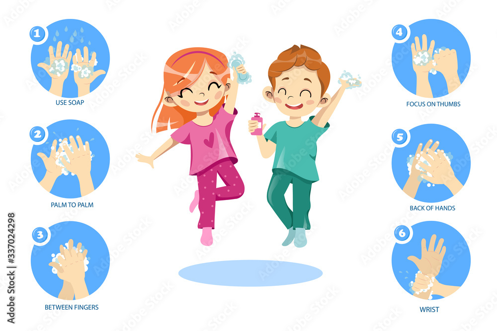 Concept Of Kids Personal Hygiene. Infographic Icons With Rules Showing How  To Wash Hands Properly. Happy Children Boy And Girl Washing Their Hands  With Soap. Cartoon Flat Style. Vector Illustration Stock Vector |