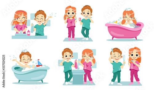 Concept Of Kids Dental Health and Personal Hygiene. Happy Children Clean Teeth, Wash Hands And Face. Taking Care Of Hair. Children Daily Routine Procedures. Cartoon Flat Style. Vector Illustration