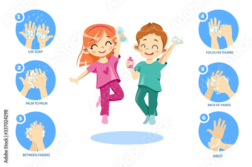 Concept Of Kids Personal Hygiene. Infographic Icons With Rules Showing How To Wash Hands Properly. Happy Children Boy And Girl Washing Their Hands With Soap. Cartoon Flat Style. Vector Illustration