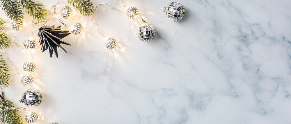 Christmas and New Year holidays composition on white marble background top view.