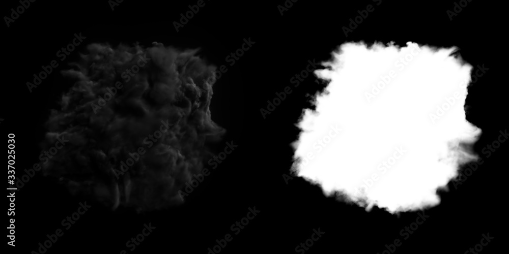 Isolated abstract lightning and smoke with turbulent motion, Multi-color powder, fog, smoke explosion. alpha channel with black/white matte for post-production, digital composition. 3D render

