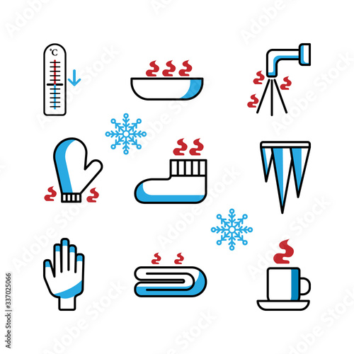 Set of frostbite icons isolated on white background. Sock, mitten, blanket, hot water bath, tea, tap, icicles, outdoor thermometer, hand with fingers. First aid accessory. Vector illustration.