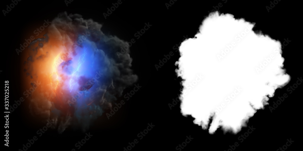 Isolated abstract lightning and smoke with turbulent motion, Multi-color powder, fog, smoke explosion. alpha channel with black/white matte for post-production, digital composition. 3D render
