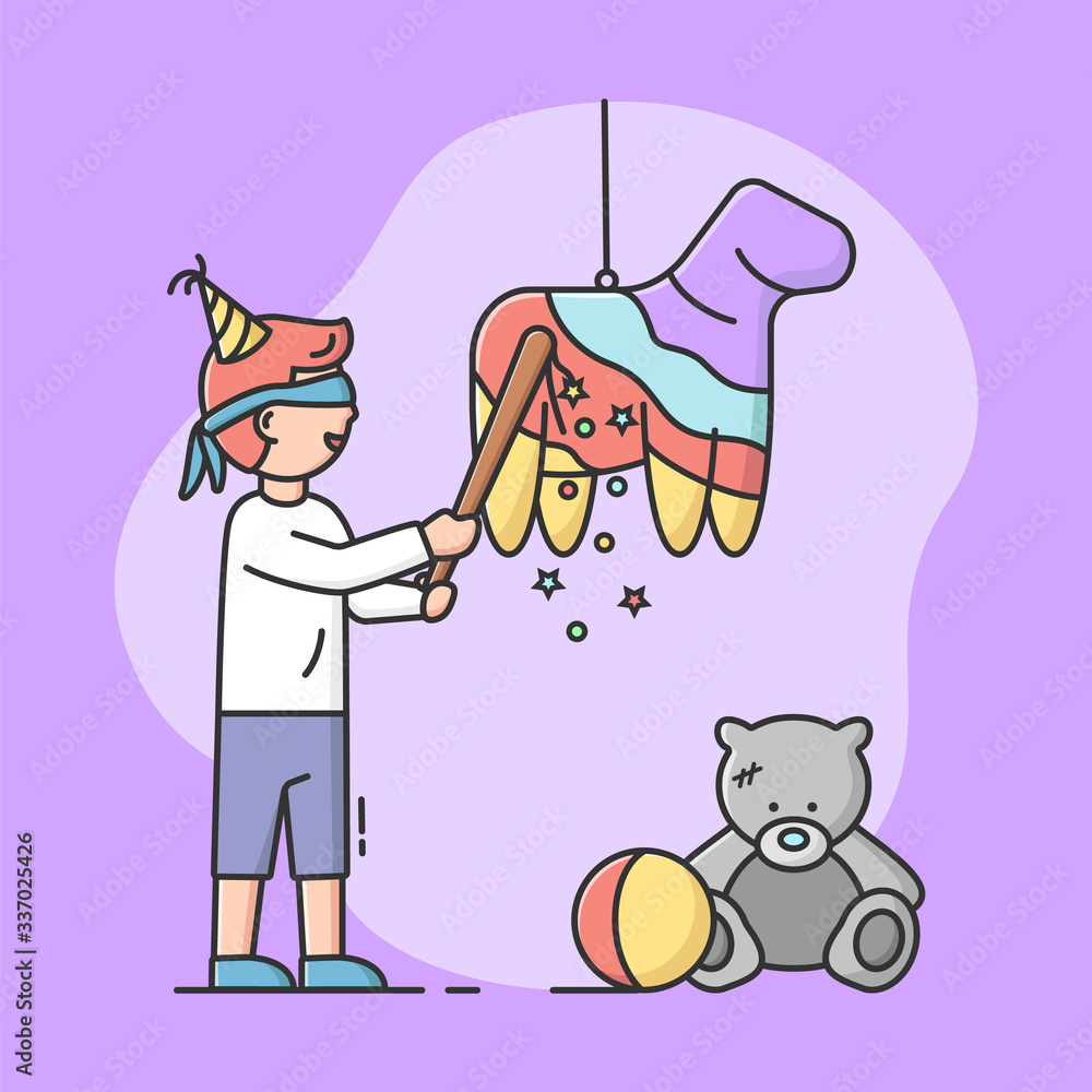 Birthday Party Celebration Concept. Birthday Boy Is Going To Broke Pinata By Bat With Blindfold. Happy Smiling Kid Is Celebrating The Holiday. Cartoon Linear Outline Flat Style. Vector Illustration Birthday Party Celebration Concept. Birthday Boy Is Going To Broke Pinata By Bat With Blindfold. Happy Smiling Kid Is Celebrating The Holiday. Cartoon Linear Outline Flat Style. Vector Illustration