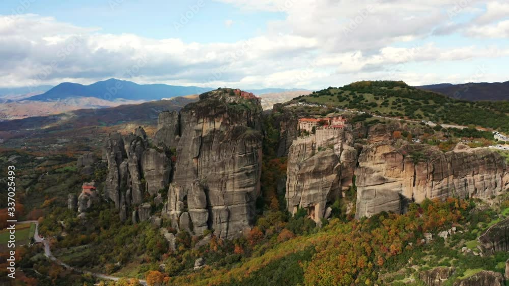 drone view of Meteora autumn in Greece drone view of Meteora autumn in Greece
