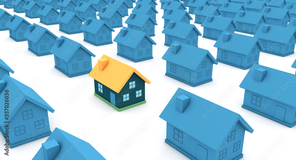 Colorful house highlight from the set of houses - Real estate concept for make your home special for sale. High-resolution 3D illustration on white background. Colorful house highlight from the set of houses - Real estate concept for make your home special for sale. High-resolution 3D illustration on white background.