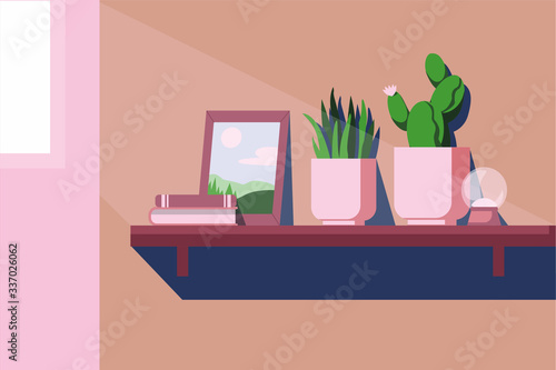 shelf with books and flowers