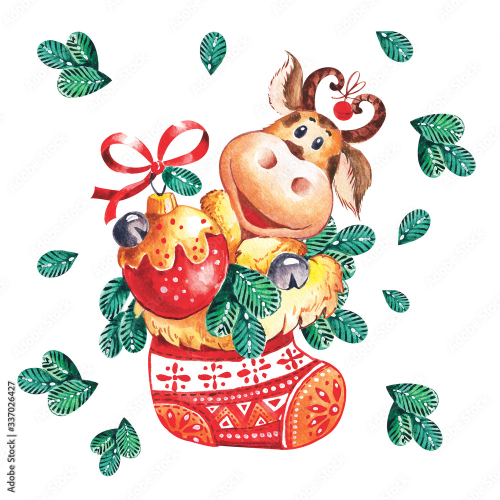 Naklejka premium Year of the bull. Funny Cow. Merry Christmas and New Year card. hand drawn watercolor farm animal illustration.