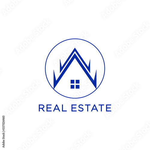 Real estate logo with the shape of a multilevel roof in a circle.