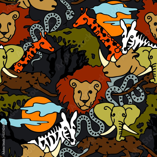 Seamless vector pattern with safari animal on dark background. Cute African animal wallpaper design for children. Hand drawn jungle fashion, textile.
