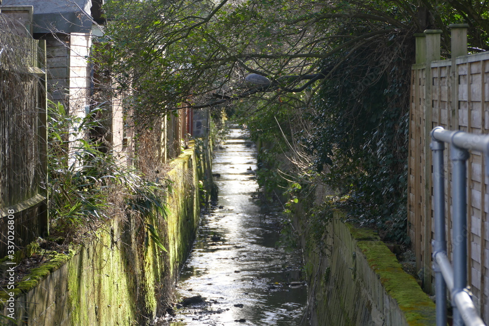 small stream in between rows of houses