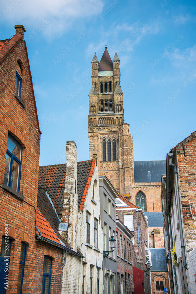 BRUGES, BELGIUM - April 14, 2018: Antique building view in Bruges, Belgium